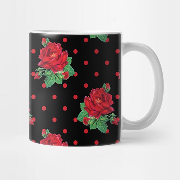 Red vintage roses red polka dots on black by bettyretro